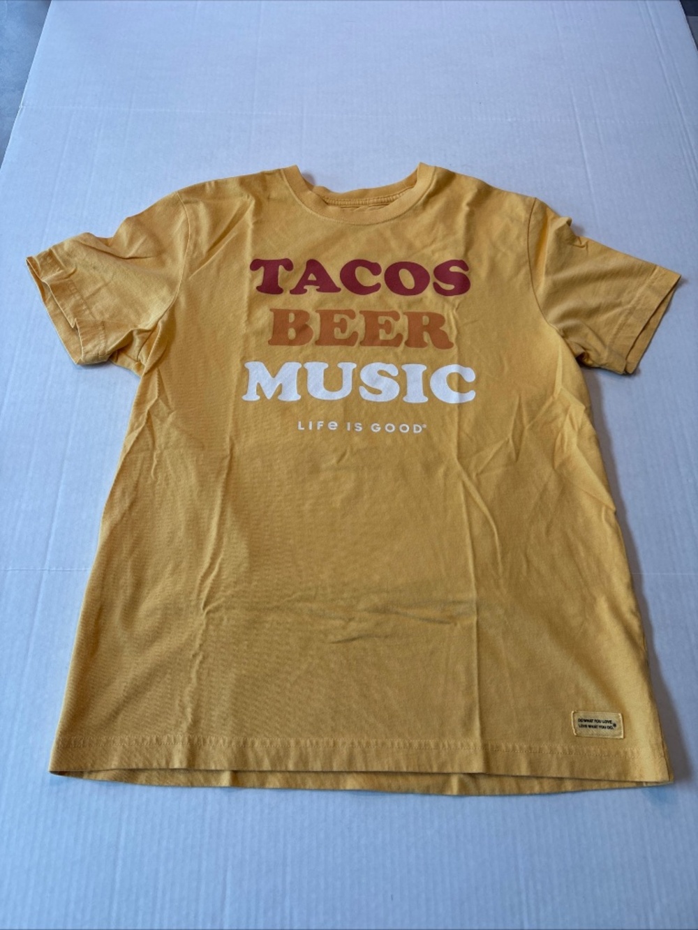 Life Is Good Tacos, Beer, Music Crusher Tee Men's Shirt, Baja Yellow, Small